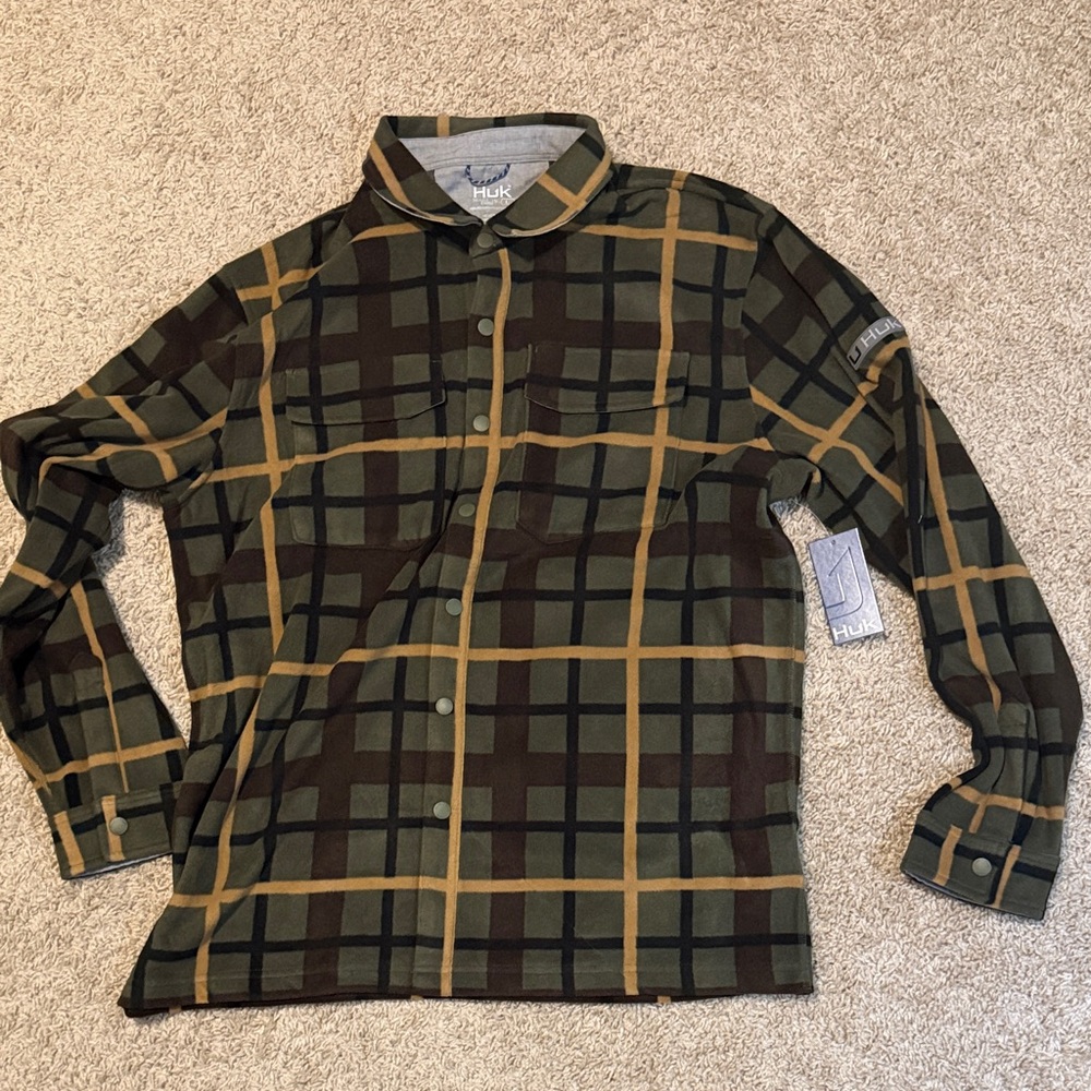 Huk Men's Olive and Brown Plaid Shirt Jacket Large New with Tags
